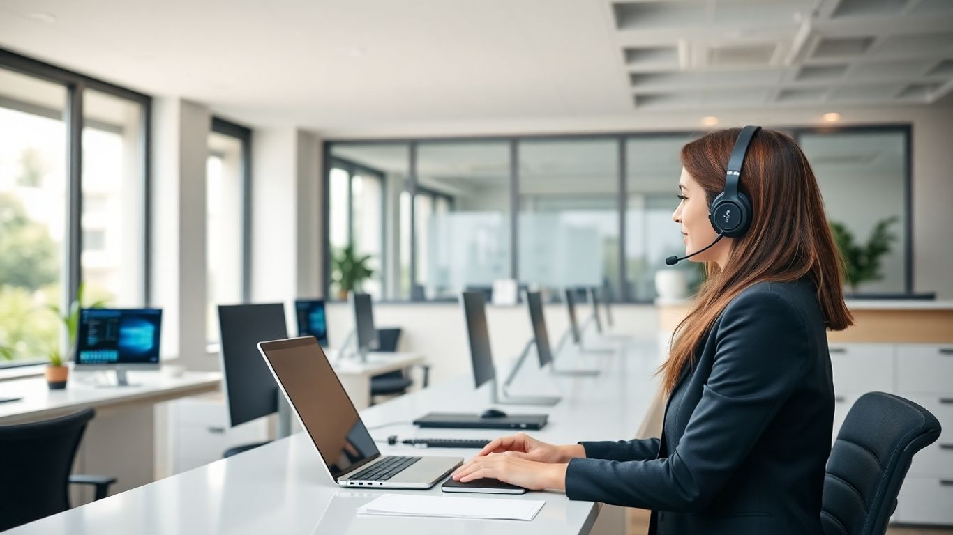 Receptionist with headset at computer in modern office