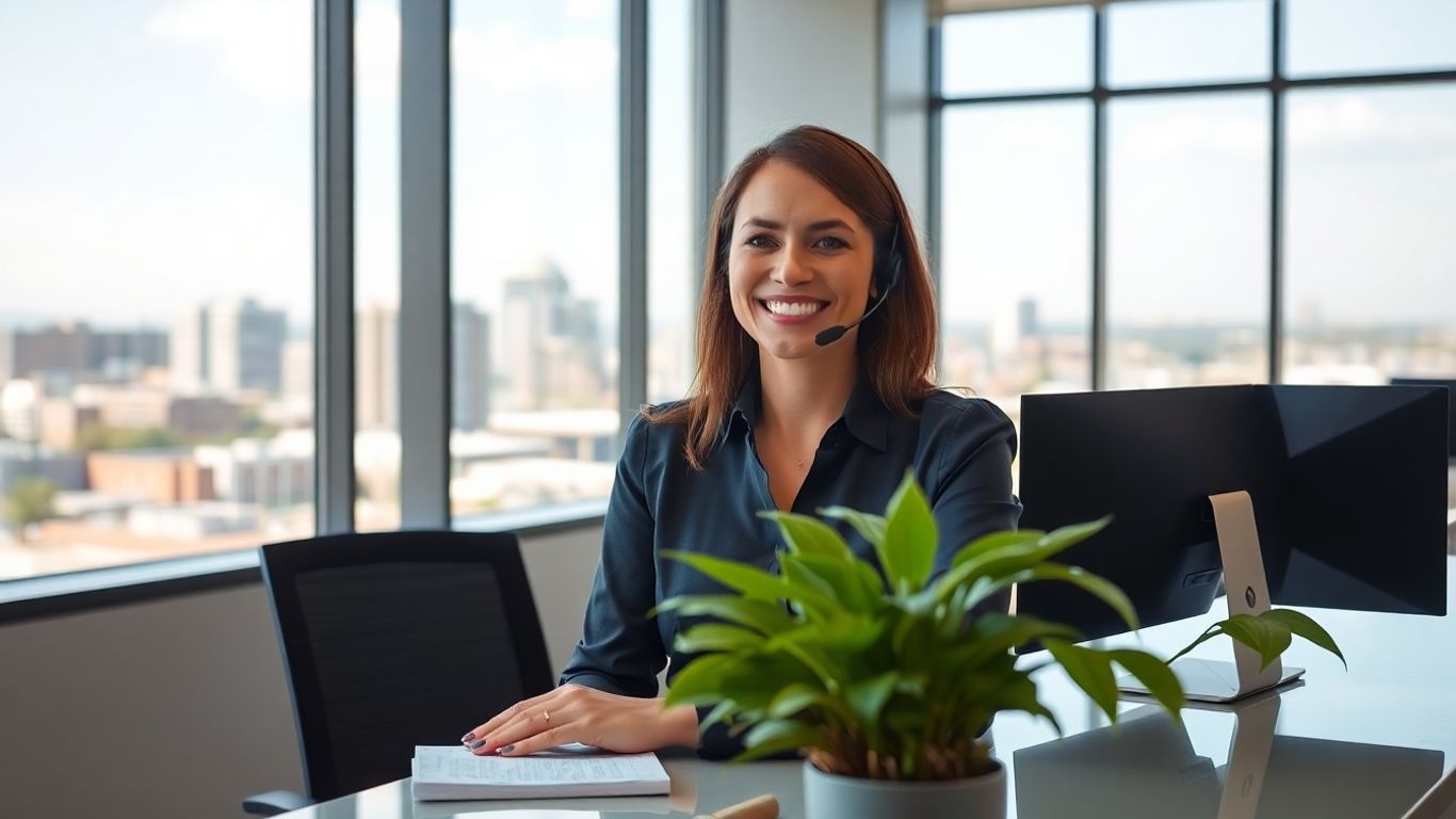 Receptionist with headset and Sacramento city view