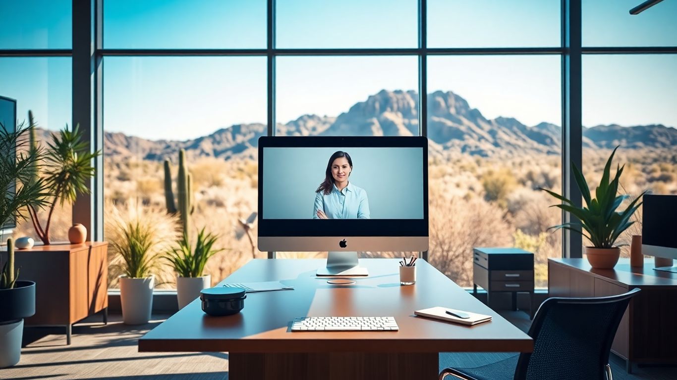 Virtual receptionist at Tucson modern office desk