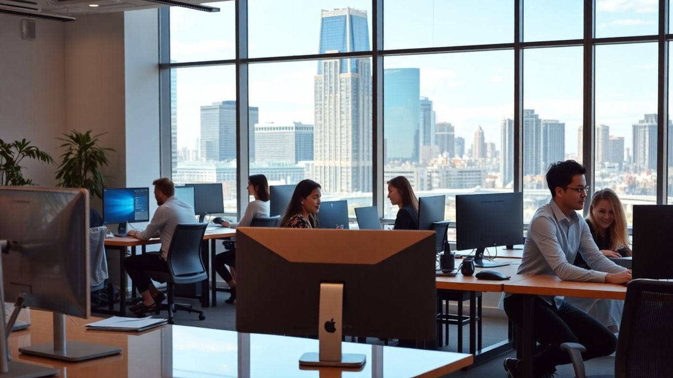 Virtual receptionist assisting Detroit office workers in modern setting