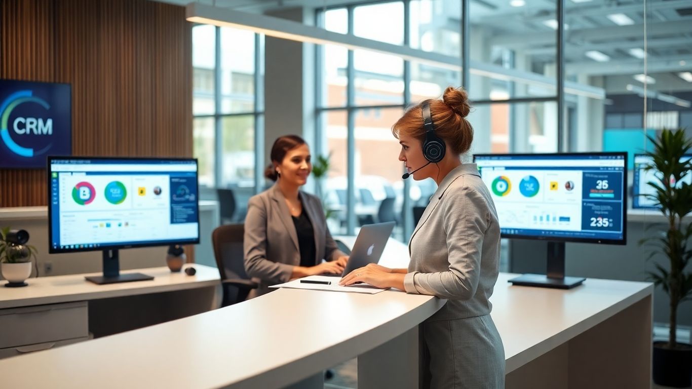 Receptionist with headset at modern office, CRM screens visible