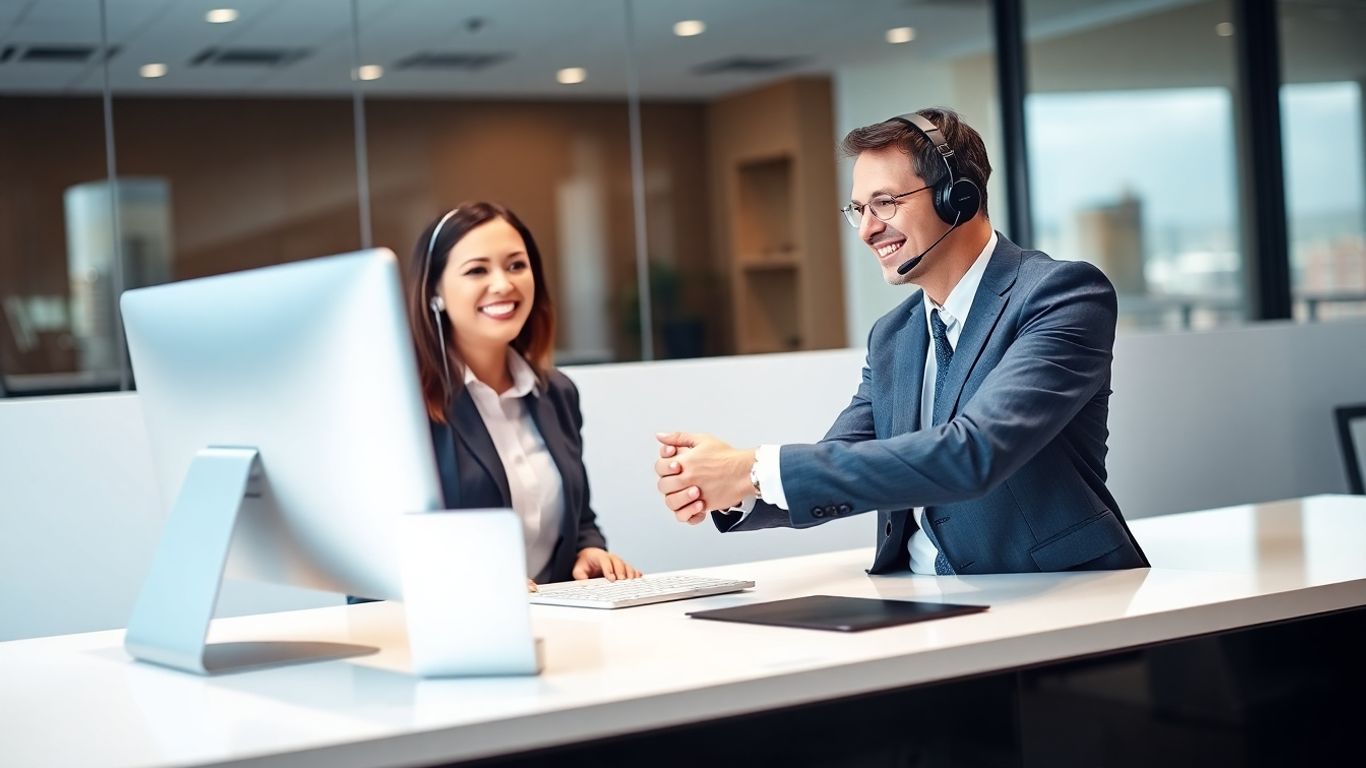 Virtual receptionist greeting client in modern Oklahoma City office