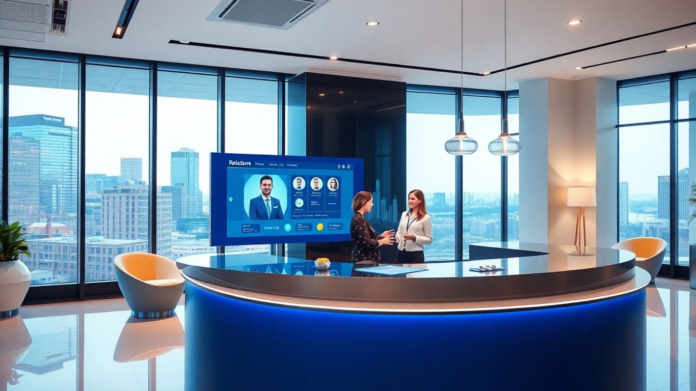 Virtual receptionist in modern Boston office lobby