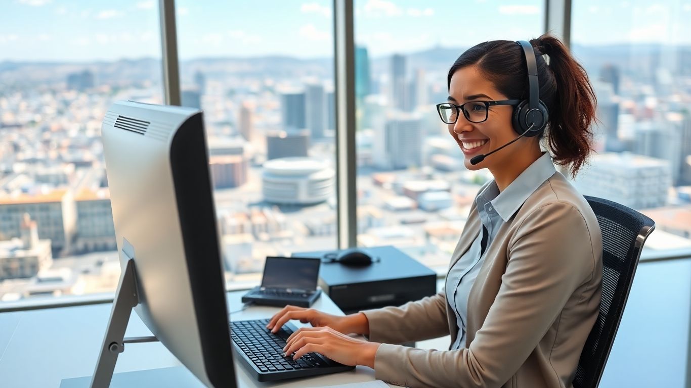 Virtual receptionist with El Paso city skyline background
