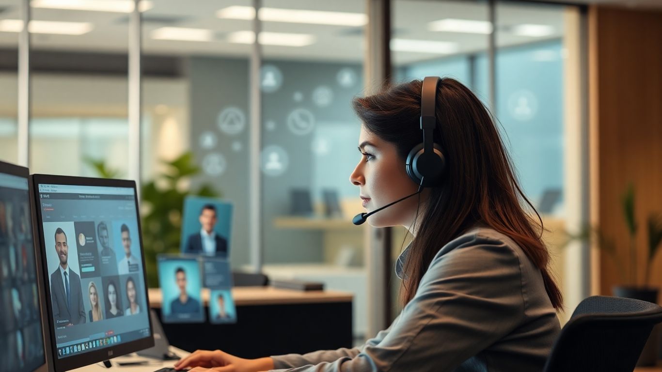 Receptionist with headset in modern office on call
