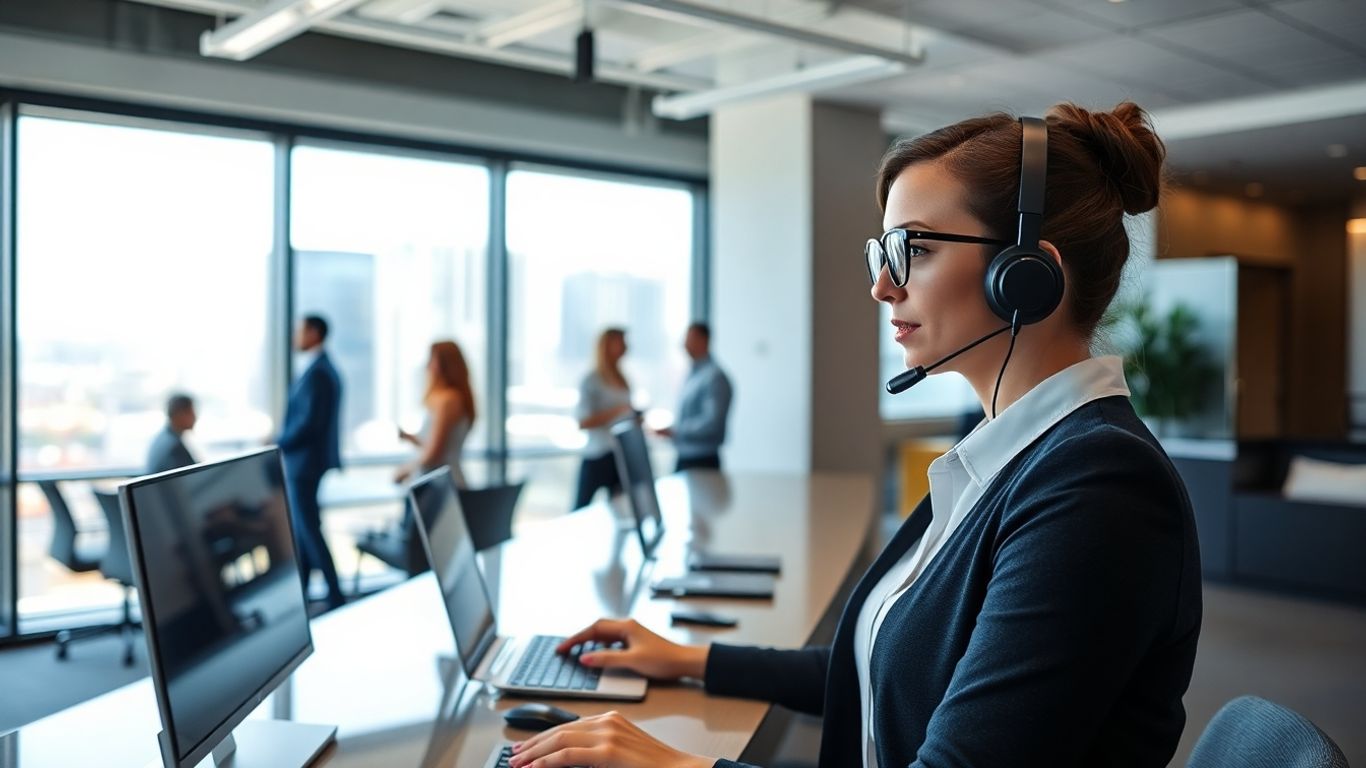 Receptionist with headset in El Paso modern office