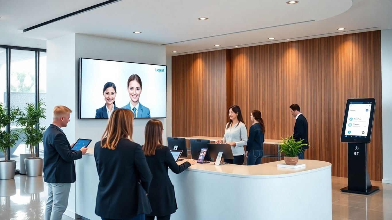 Virtual receptionist assisting customers at modern office reception desk