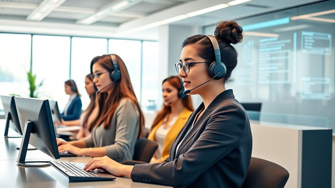 Receptionist team using digital voicemail systems in office