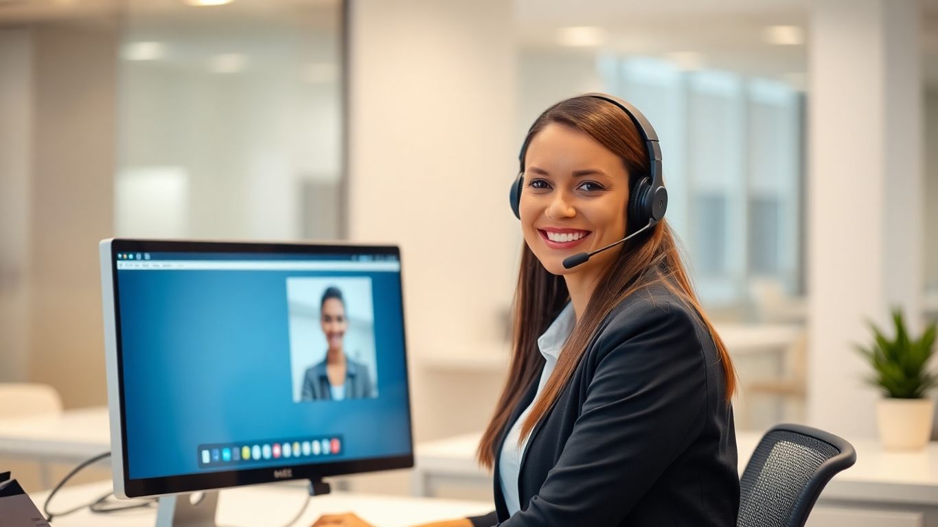 Virtual receptionist smiling at computer in modern office