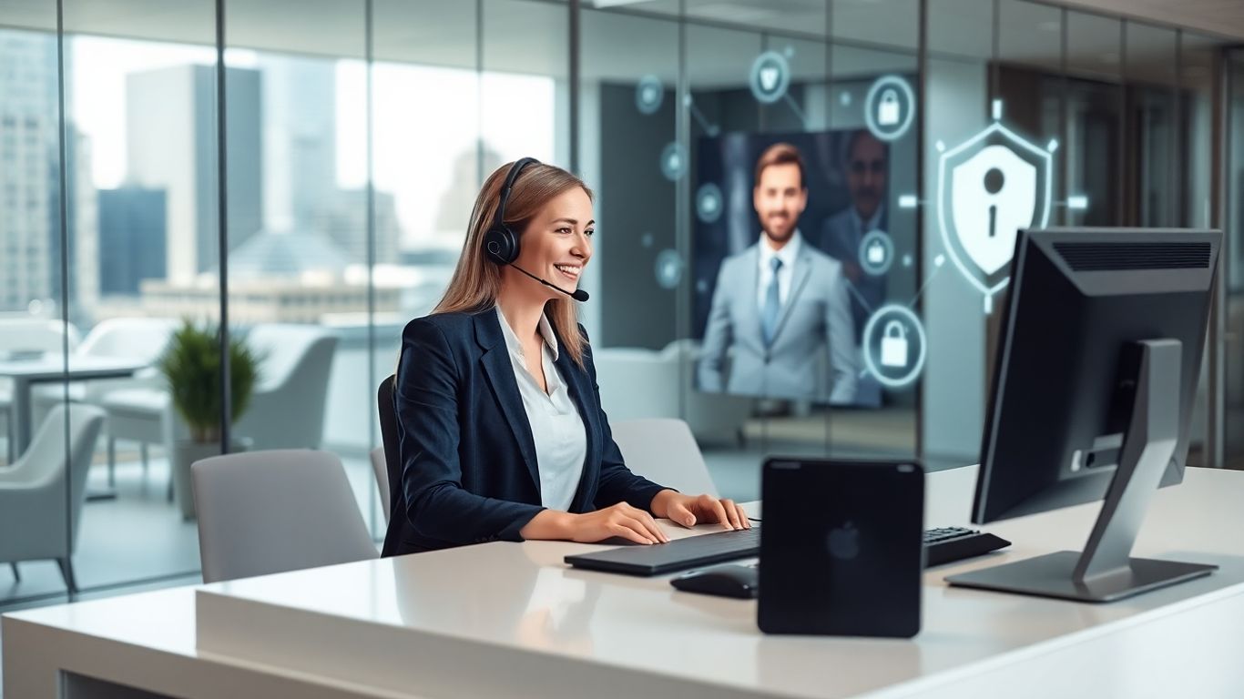 Baltimore office receptionist with virtual call and security icons