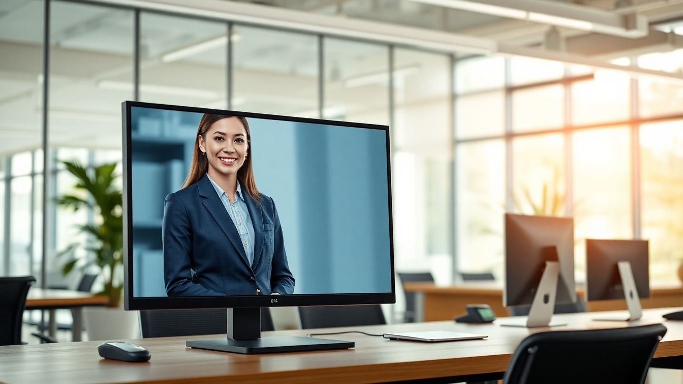 AI virtual receptionist greets visitor in modern office