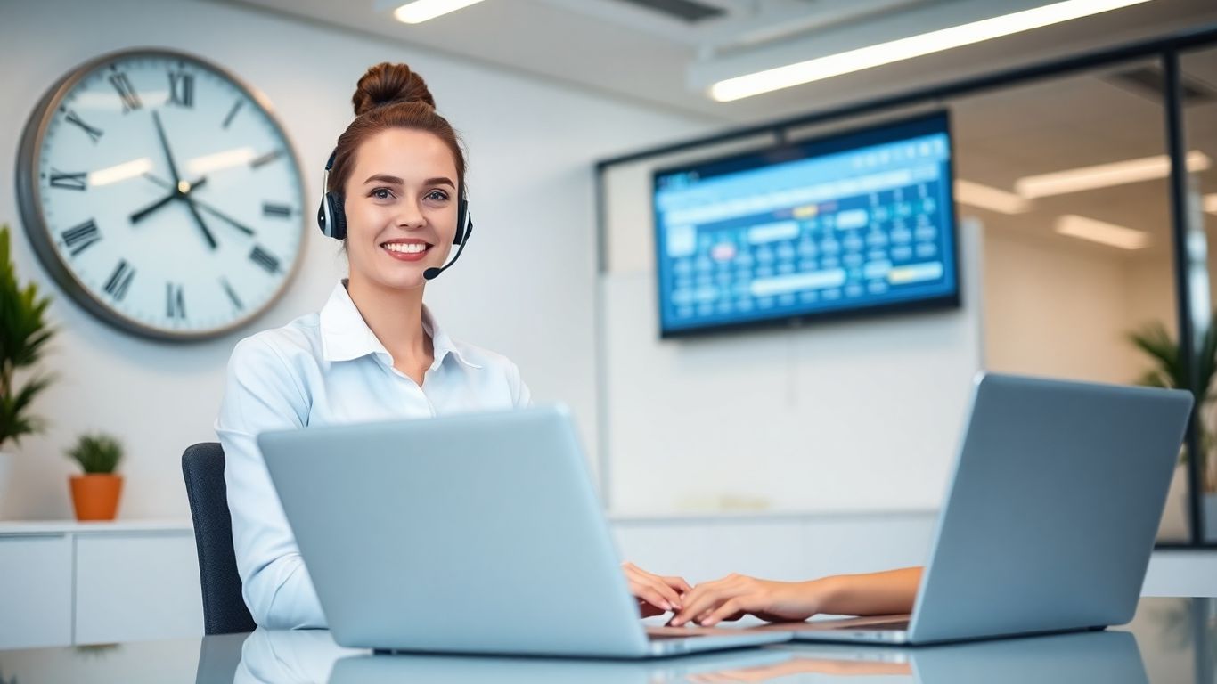 Virtual receptionist managing time with calendars and headset
