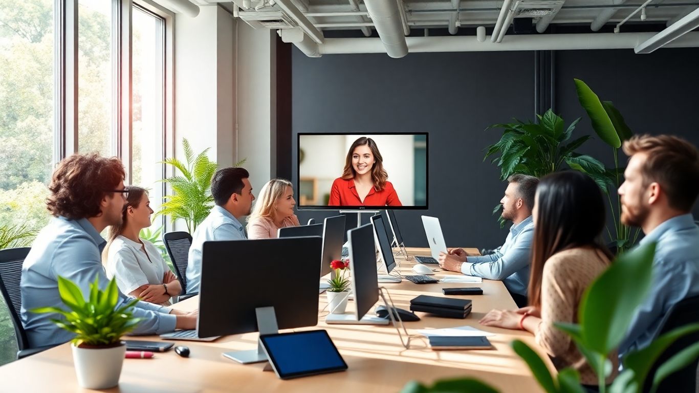 Virtual receptionist assisting business team in modern office