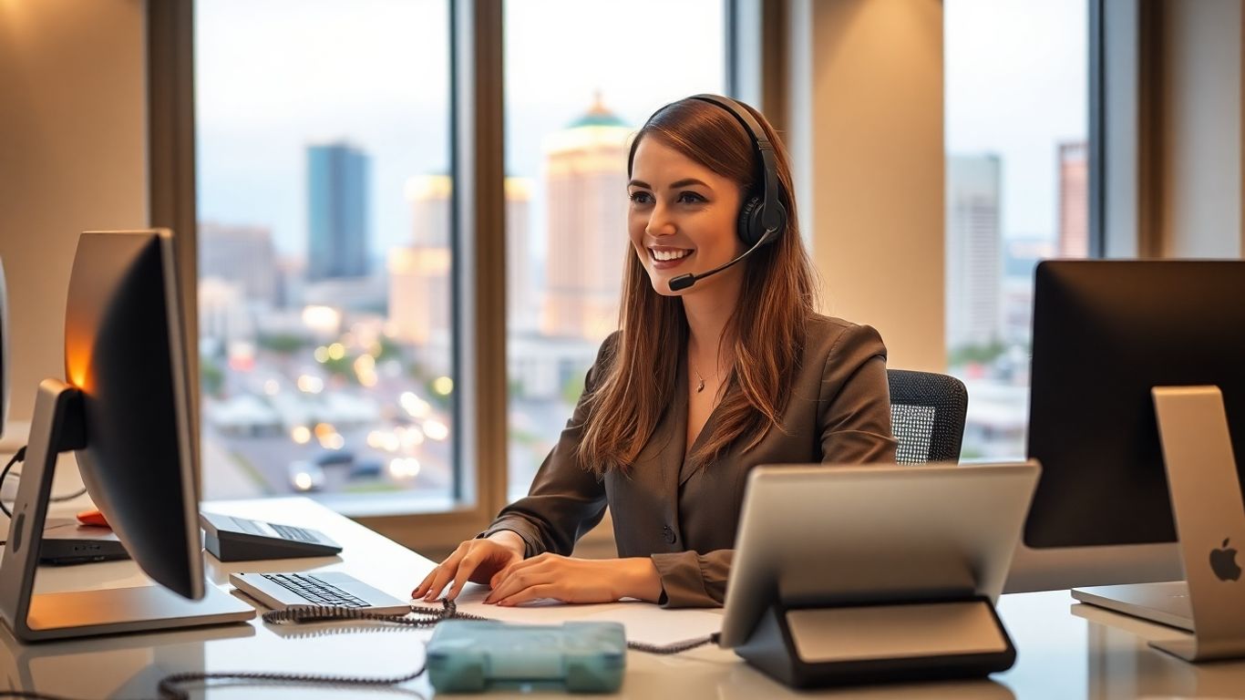 Virtual receptionist at desk with Las Vegas city view