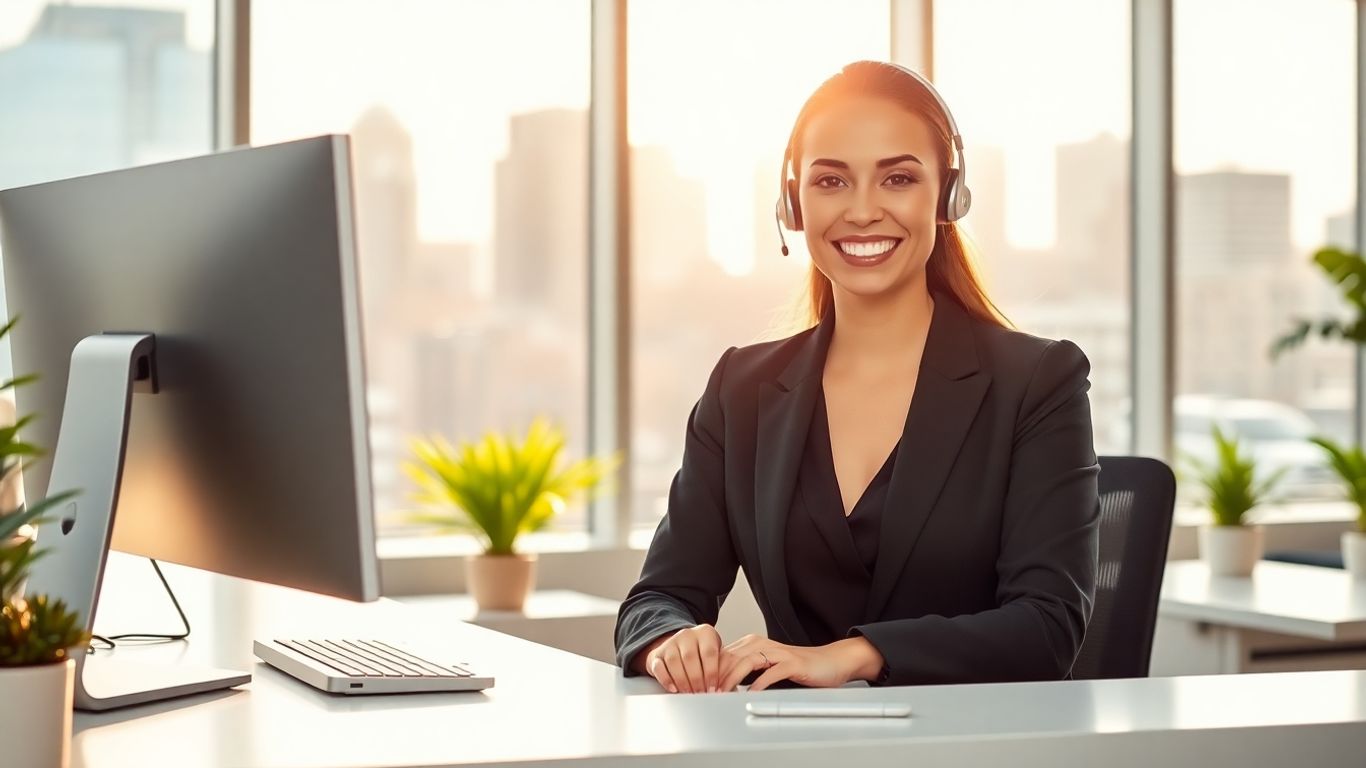 Friendly virtual receptionist at modern Indianapolis office desk