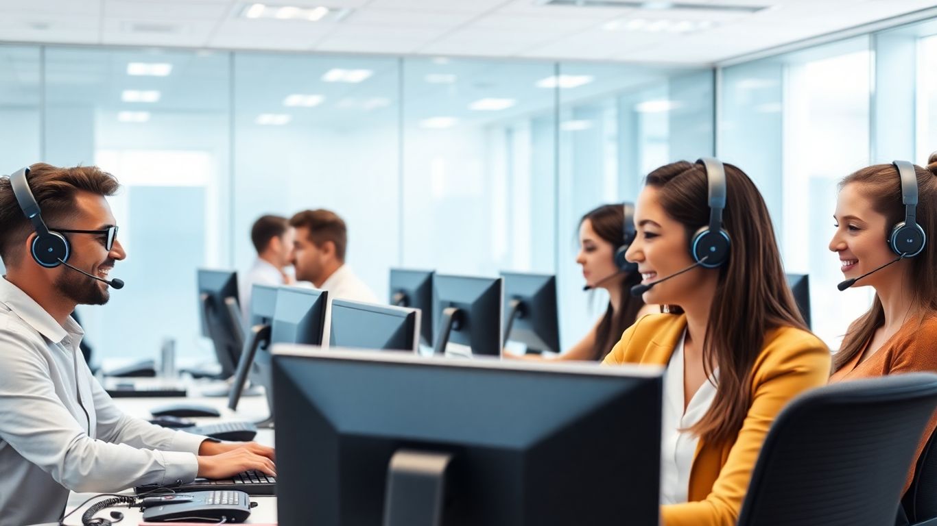 Virtual receptionists answering multiple business calls in a modern office.