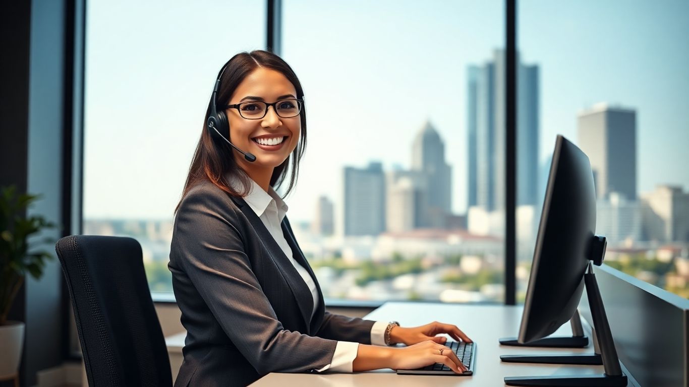 Virtual receptionist at desk with Indianapolis skyline background