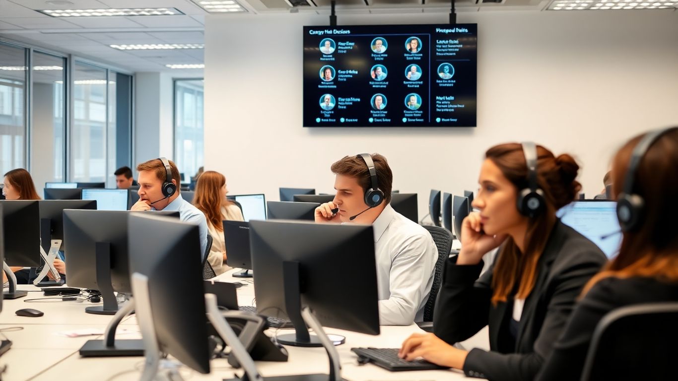 Office workers with headsets managing multiple phone calls