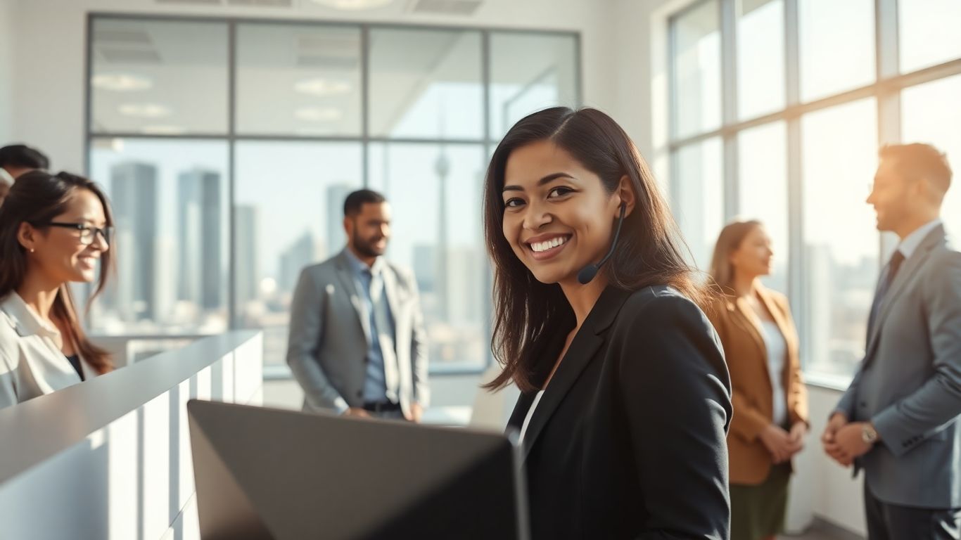 Receptionist with headset in bright modern Phoenix office