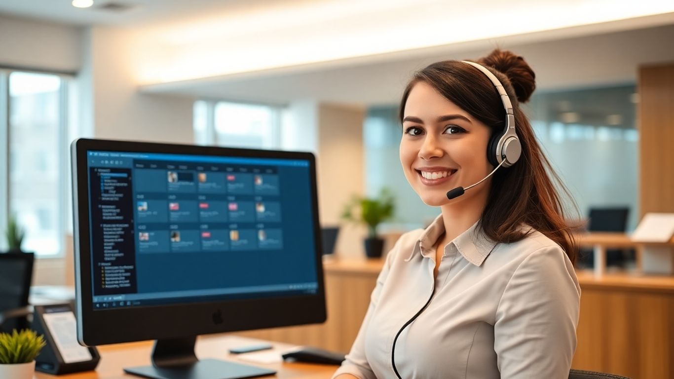 Receptionist with headset scheduling appointments in modern office.