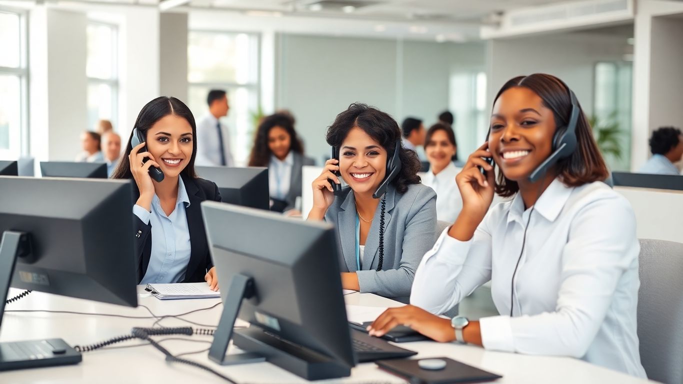 Receptionists answering phones in a modern business office.