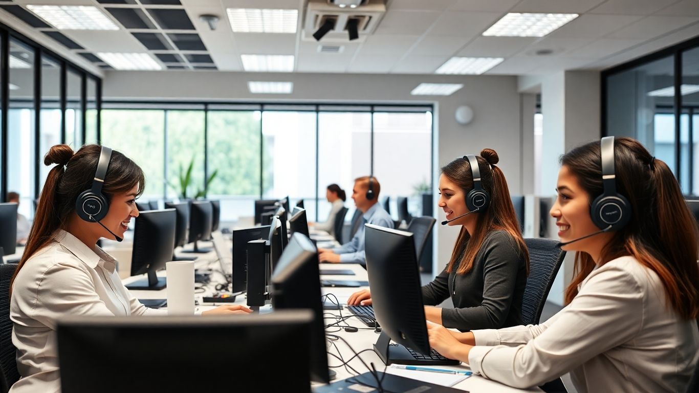 Receptionists in modern office with headsets taking calls