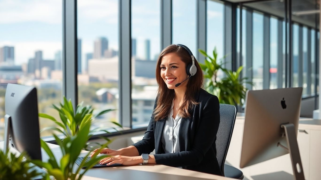 Denver receptionist with headset in modern office setting