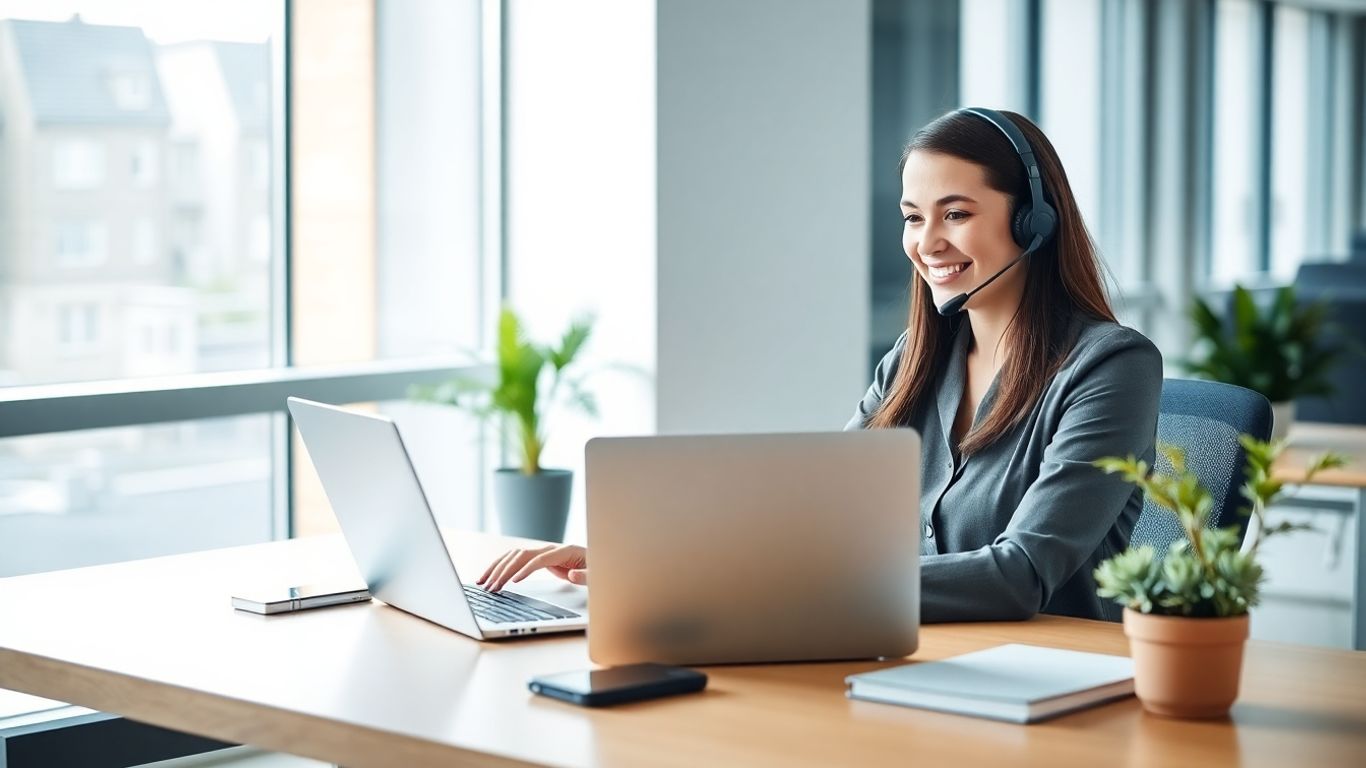 Virtual receptionist typing on laptop with headset