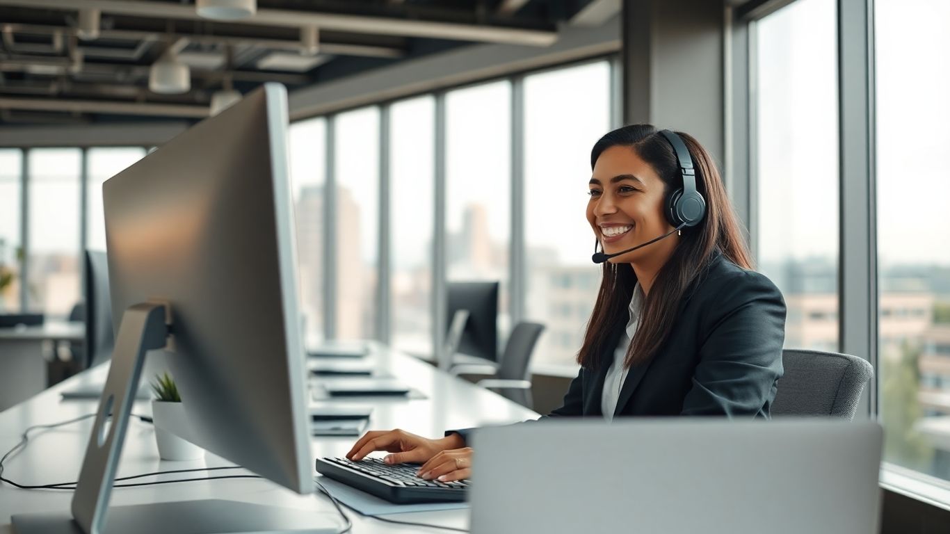 Businessperson with headset in modern San Antonio office
