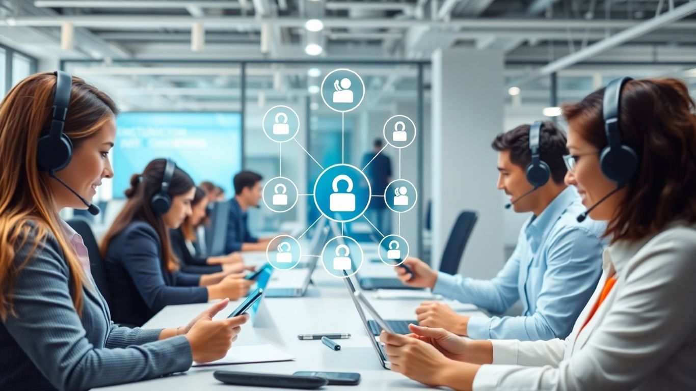 Office workers using tech devices with call center agents