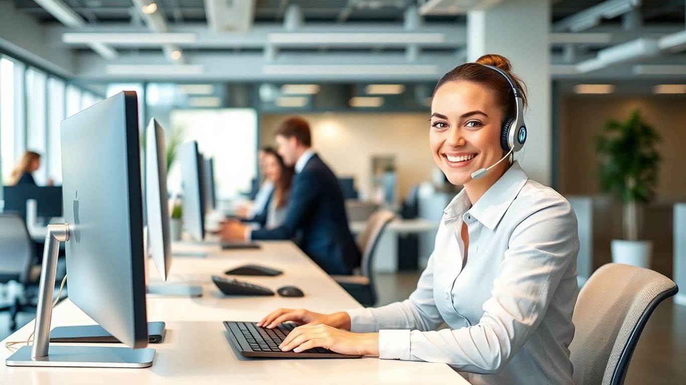 Smiling receptionist answering calls in modern office