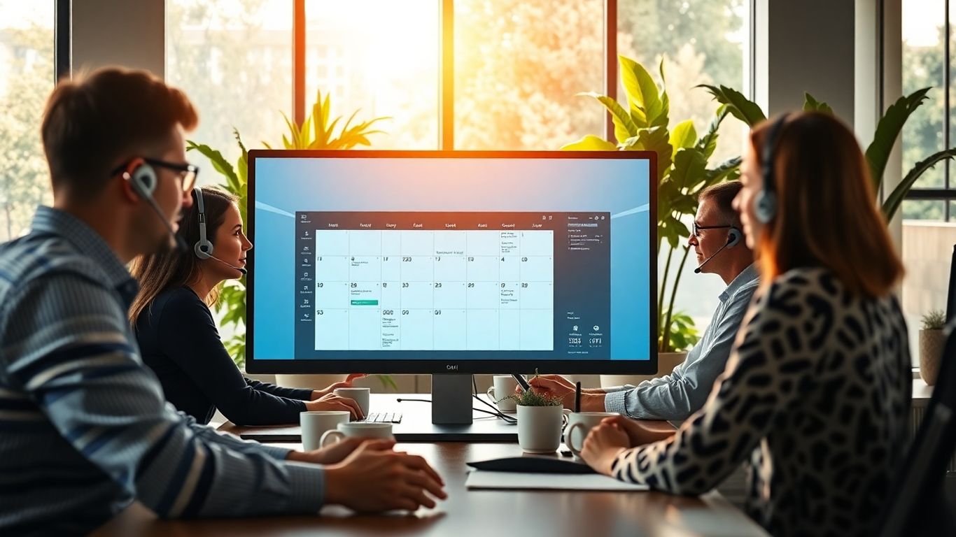 Modern office with professionals managing appointments digitally