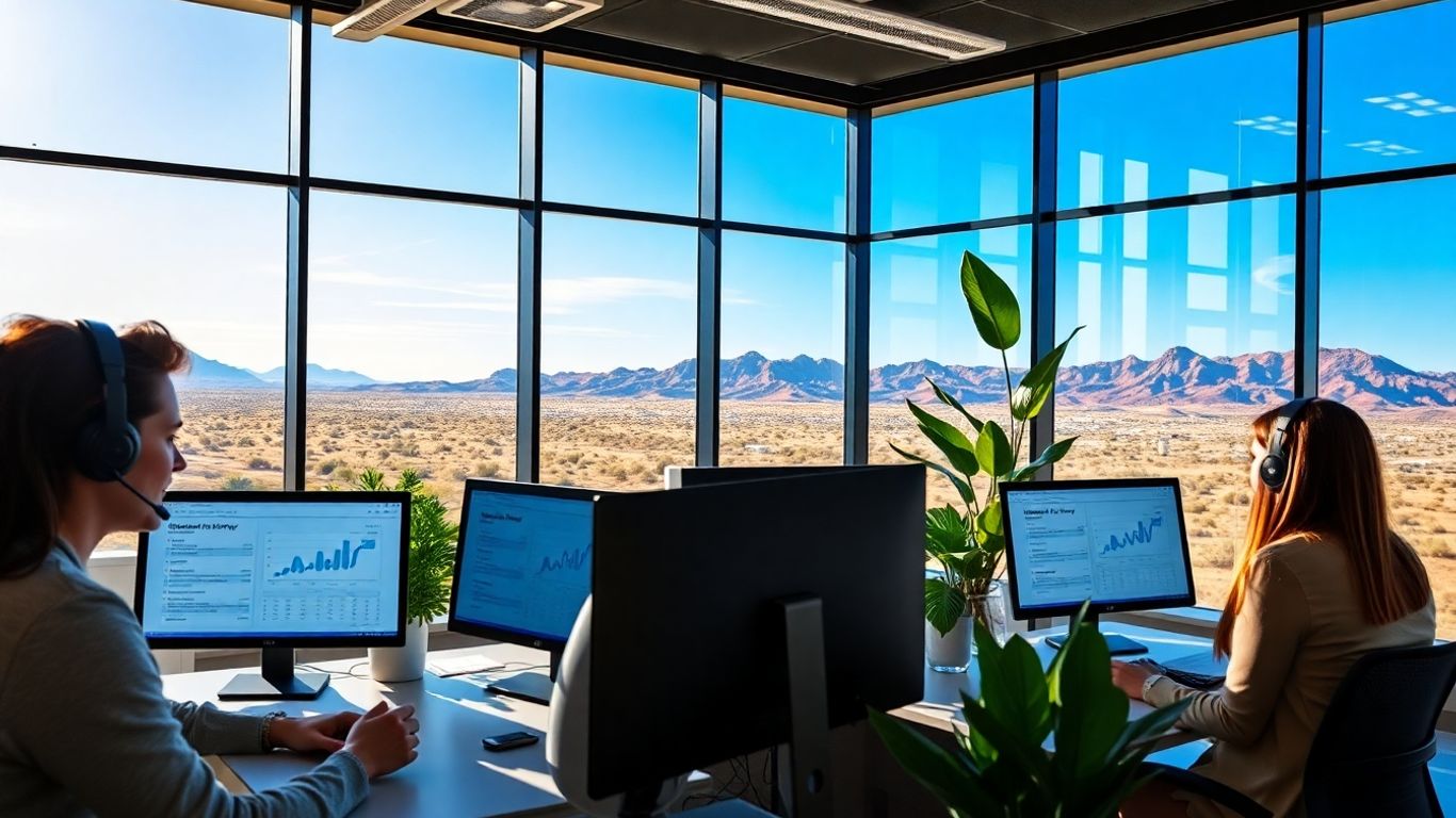 Office workers using headsets near Lake Havasu City view