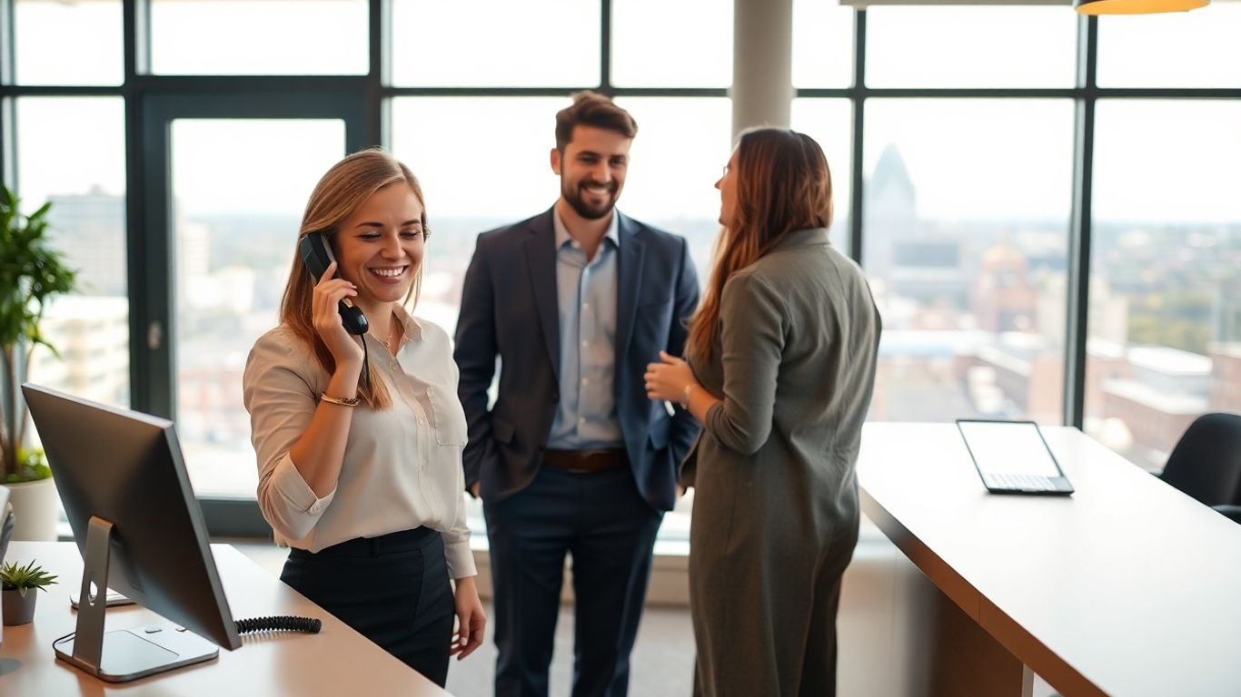 Receptionist answering phone in an Erie business office