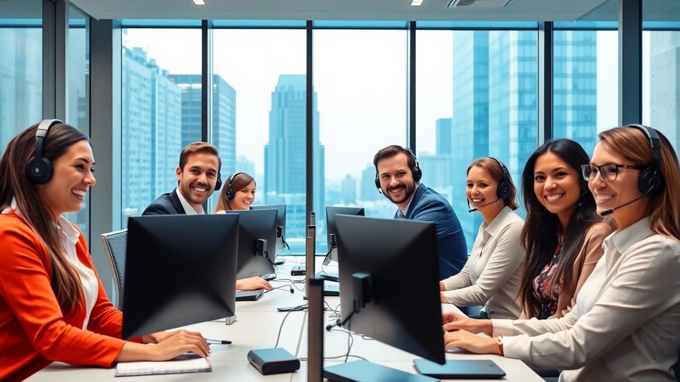 Business team using headsets in modern office setting.