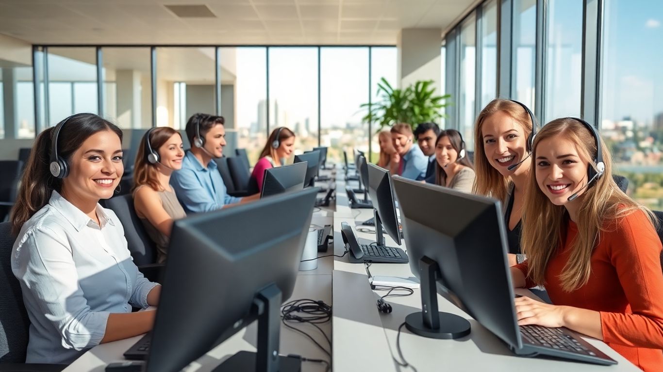 Receptionists answering multiple calls in a modern office.