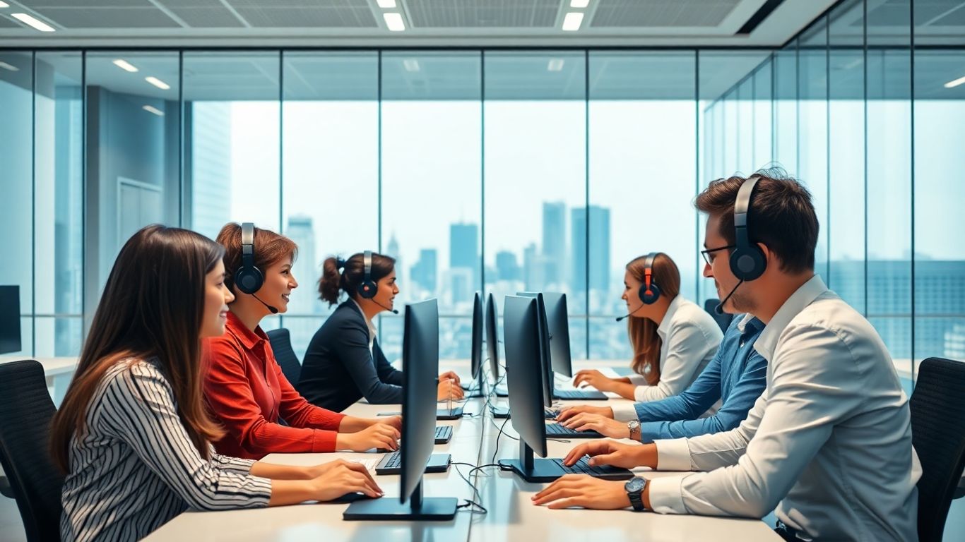 Team of call center professionals at work in office