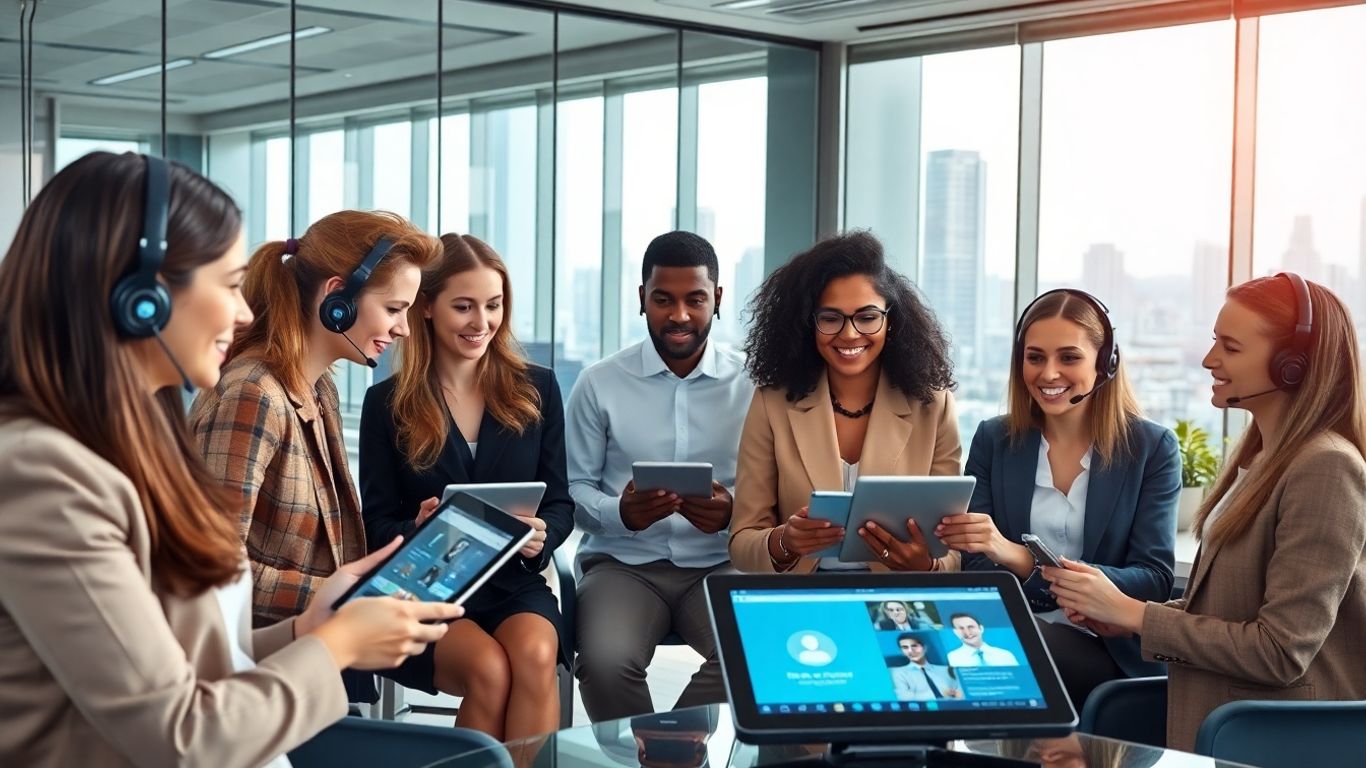 Business professionals using headsets and tablets in modern office