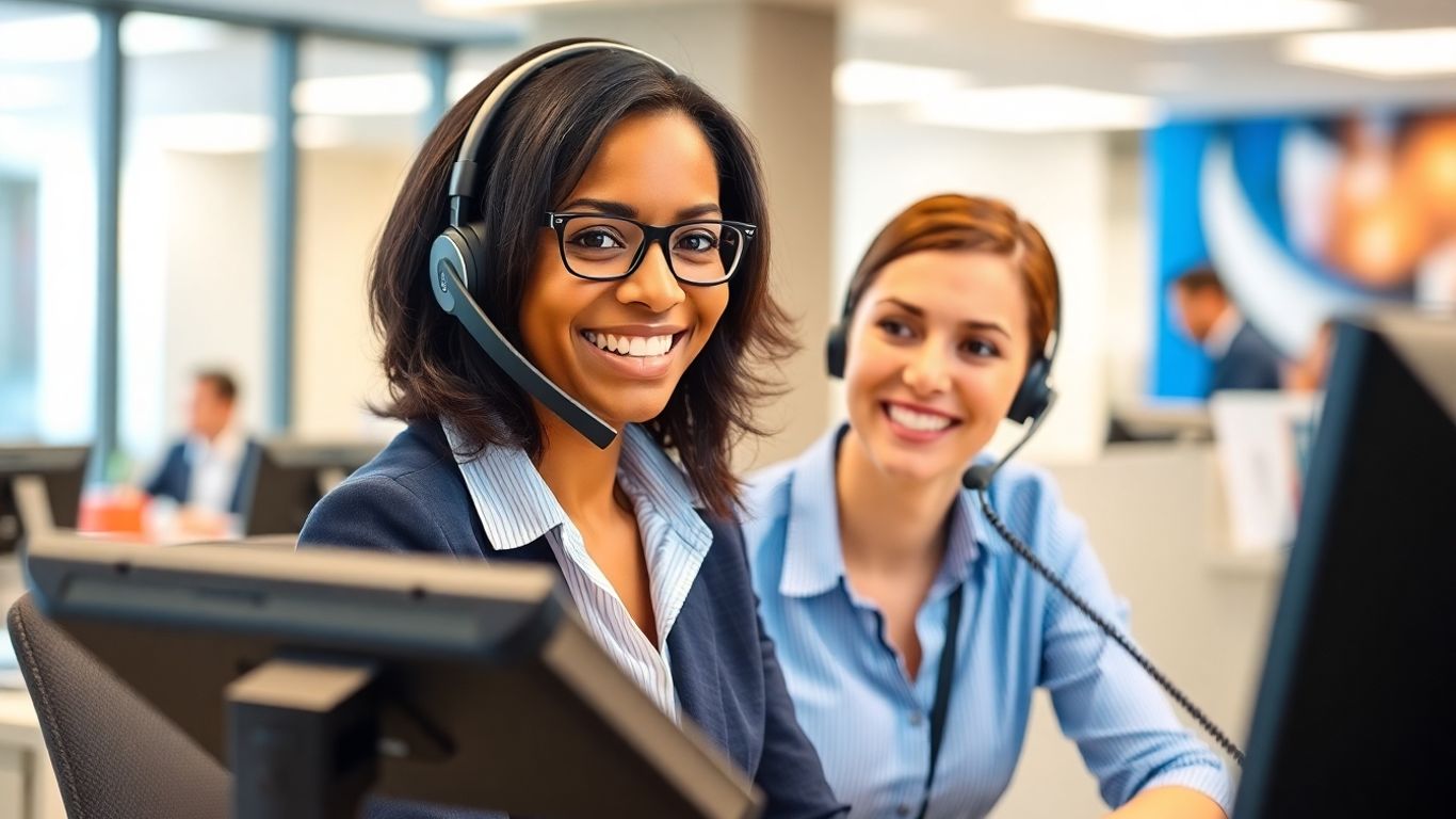 Receptionist answering multiple calls in busy office