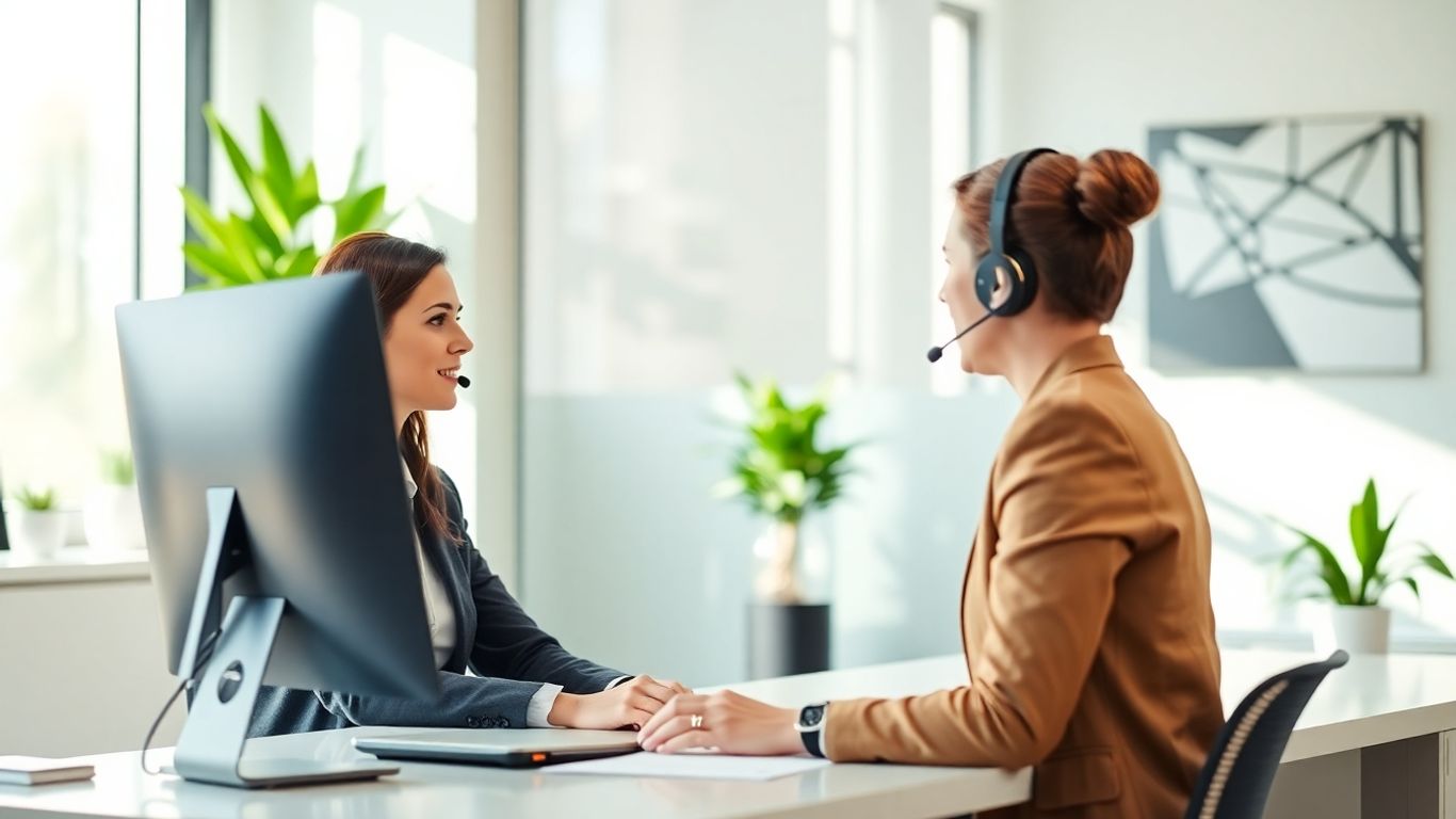 Smiling businesswoman with headset at modern office desk