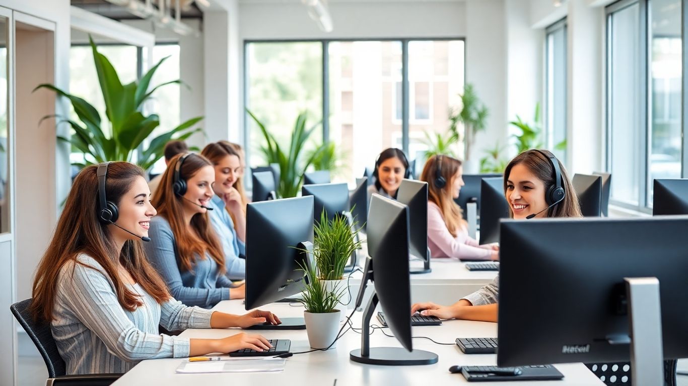 Office workers with headsets assisting customers efficiently