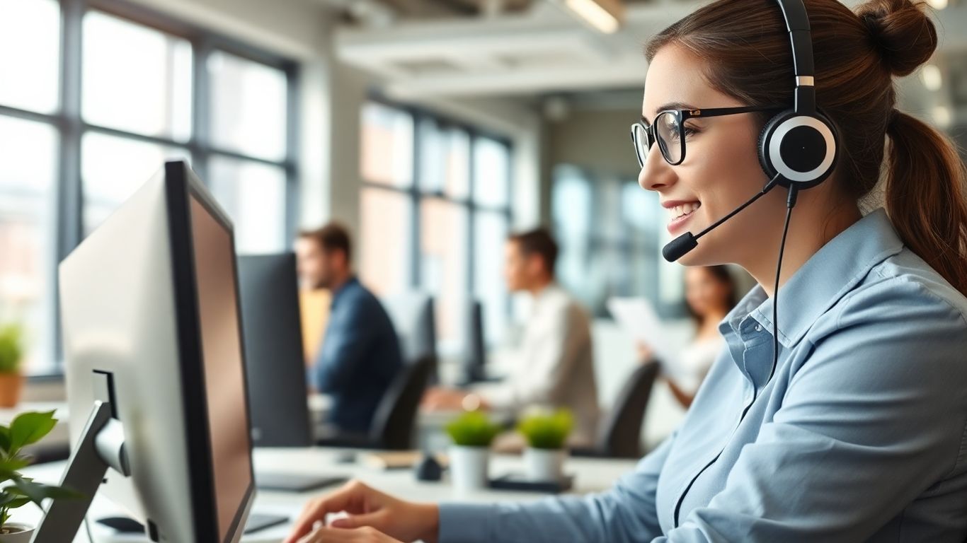 Customer service agent answering calls in modern office