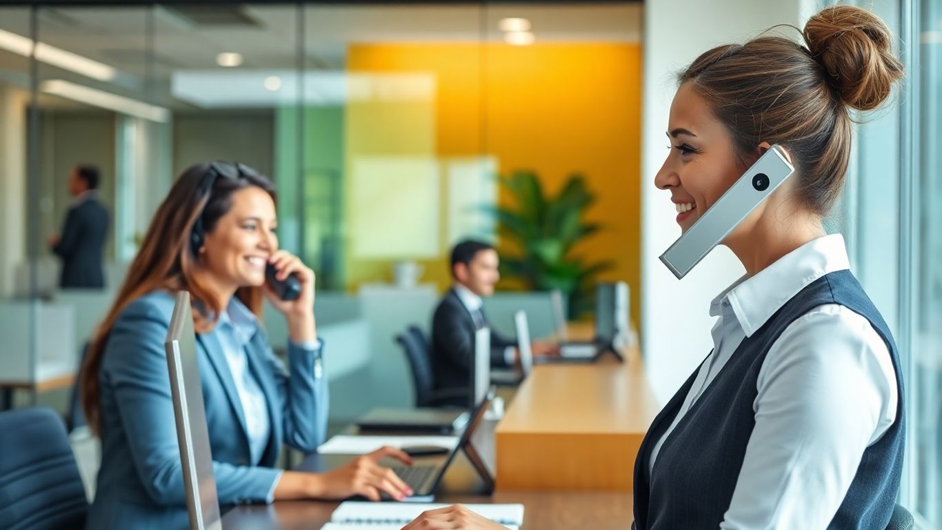 Receptionist answering phone in busy modern office