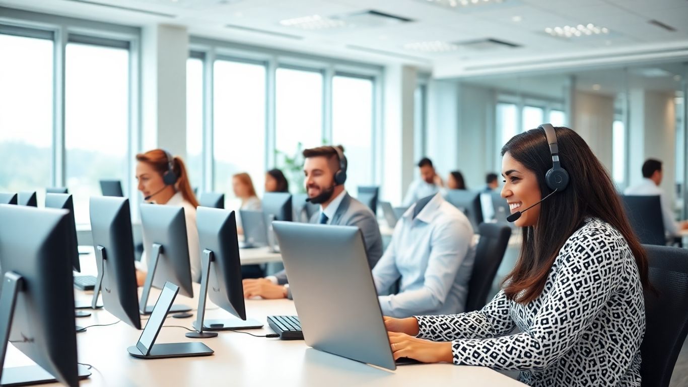 Receptionists at desks answering calls in a modern office