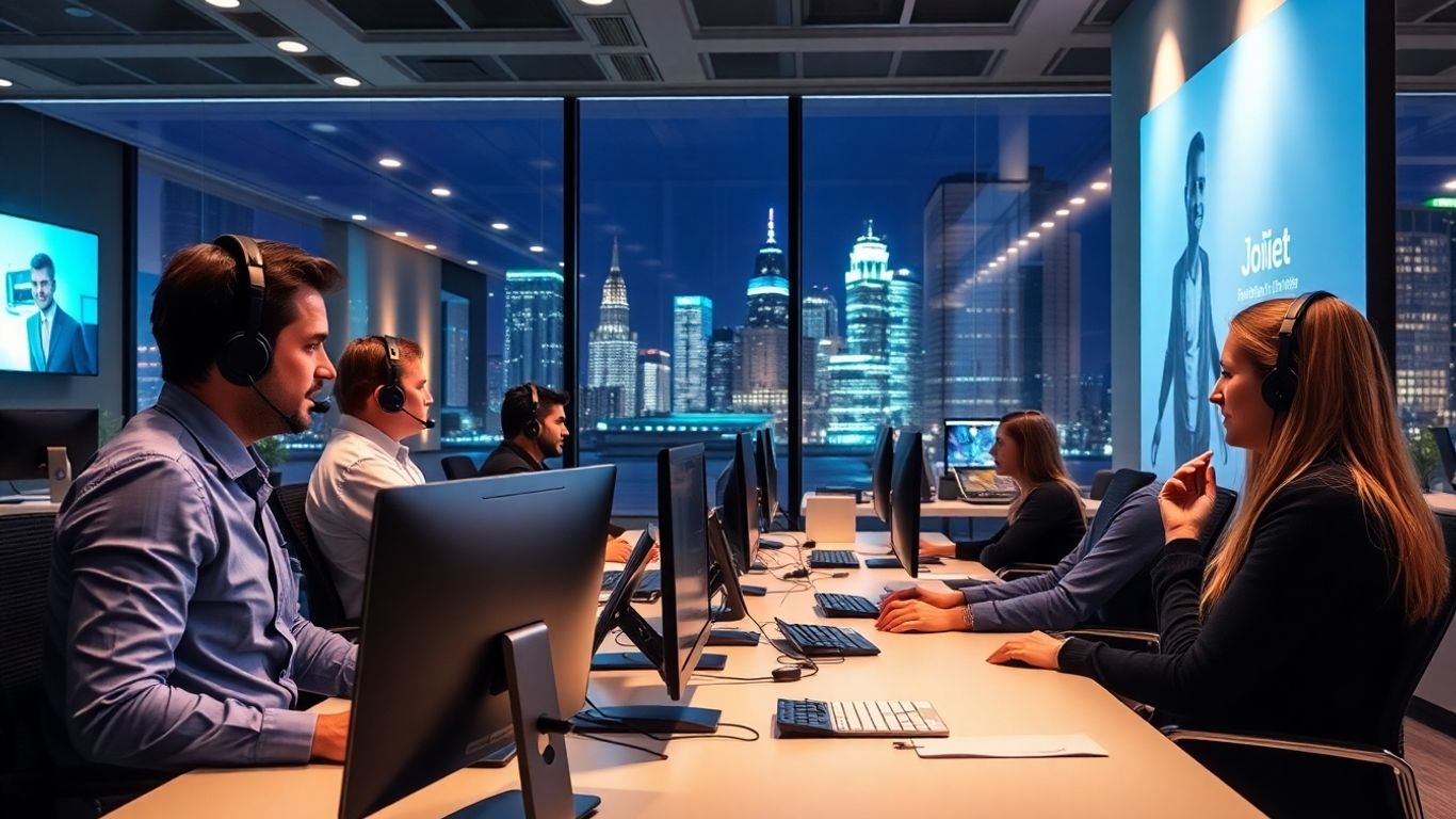 Office workers with headsets managing calls efficiently