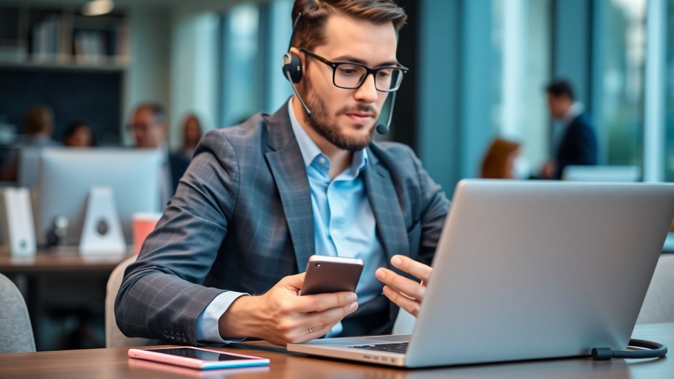 Office worker using smartphone and headset at modern desk