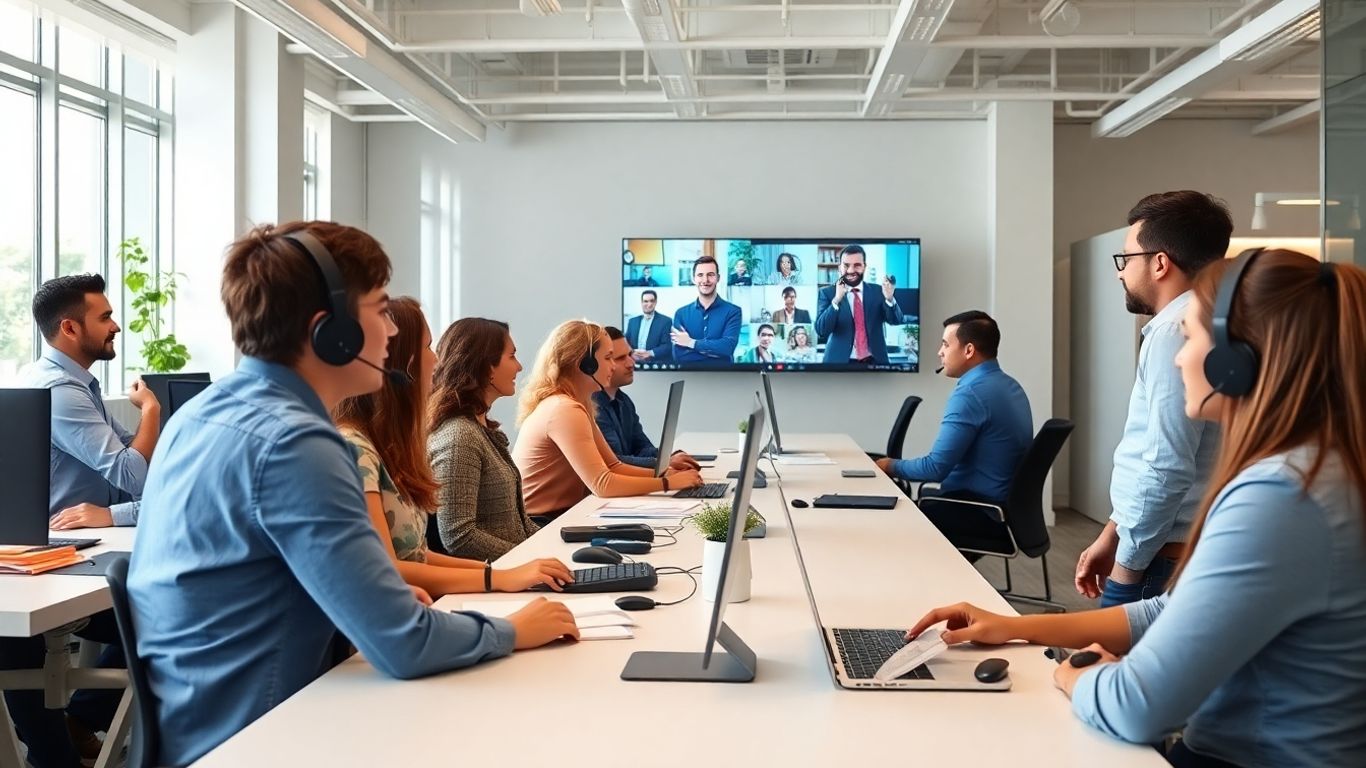 Modern office with hybrid team using technology