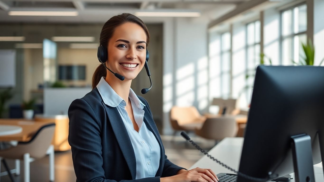 Receptionist answering phone in modern business office.