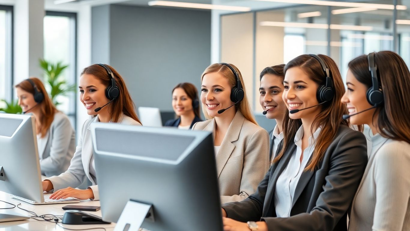 Customer service team answering calls in modern office