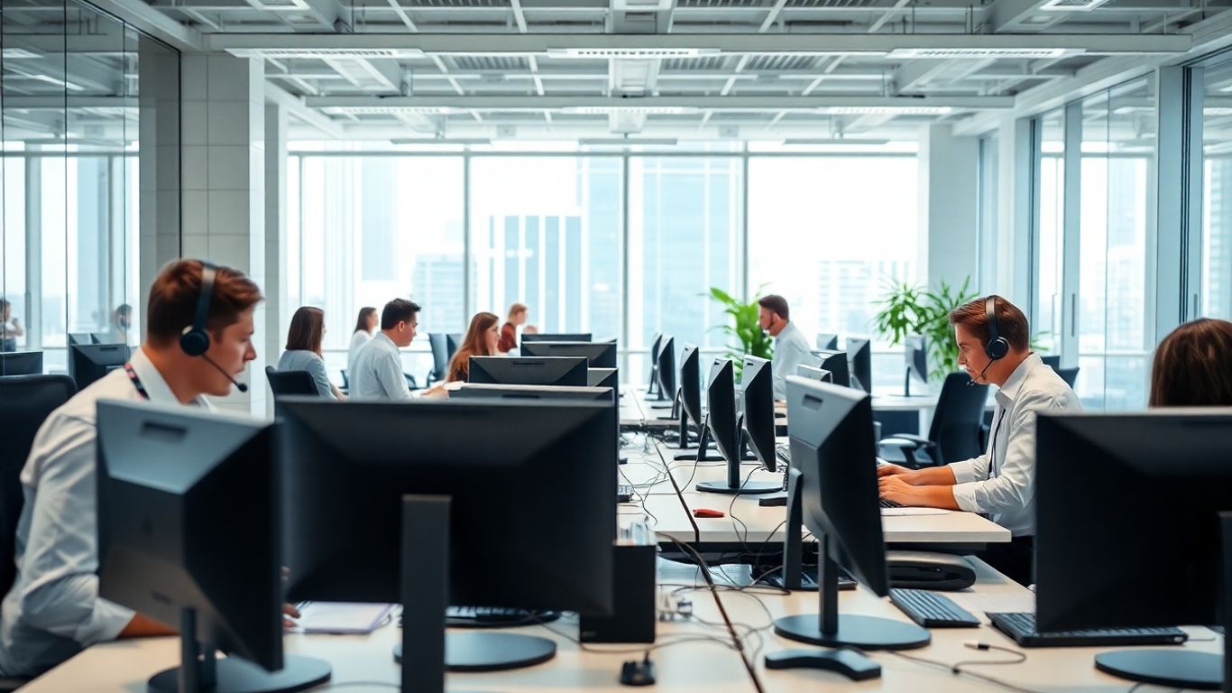 Modern office team at answering service desks working together